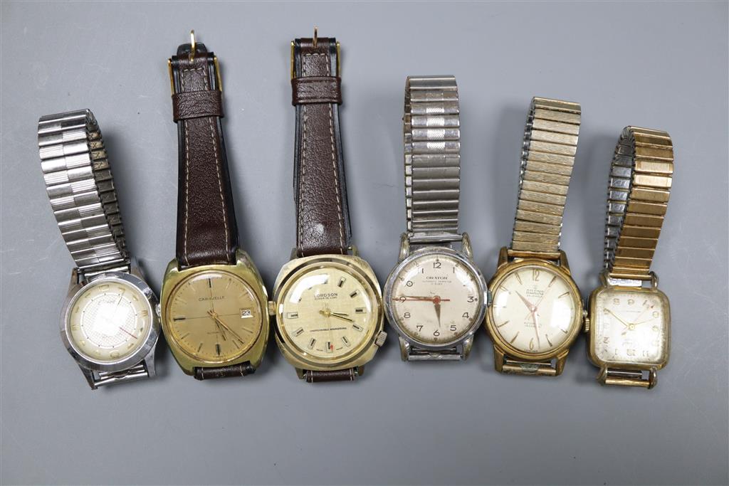 Six assorted wrist watches including Lordson Super De Luxe and Geneva Sport.